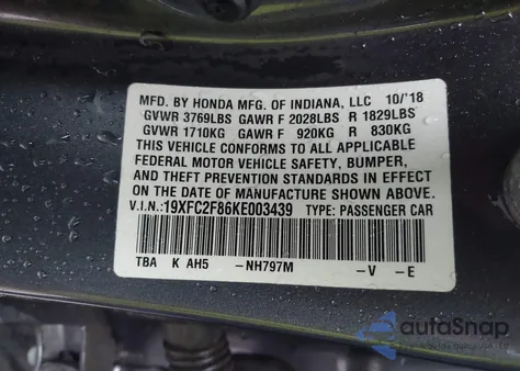 2019 Honda Civic Sport from USA, damaged, VIN 19XFC2F86KE003439